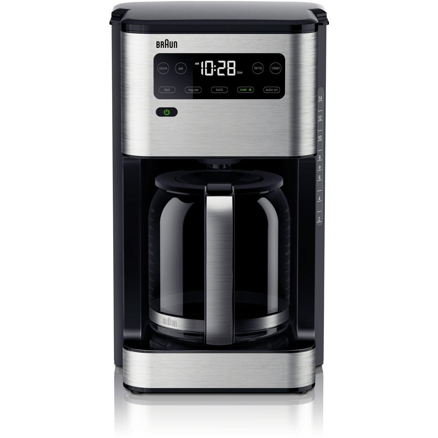 Stainless and black iced coffee maker with front LCD timer and brew funnel