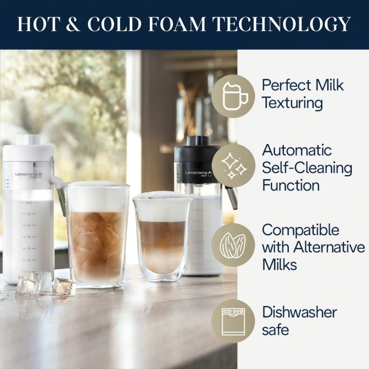 De'Longhi fully automatic espresso machine with cold brew, frothing tips, and glass cups