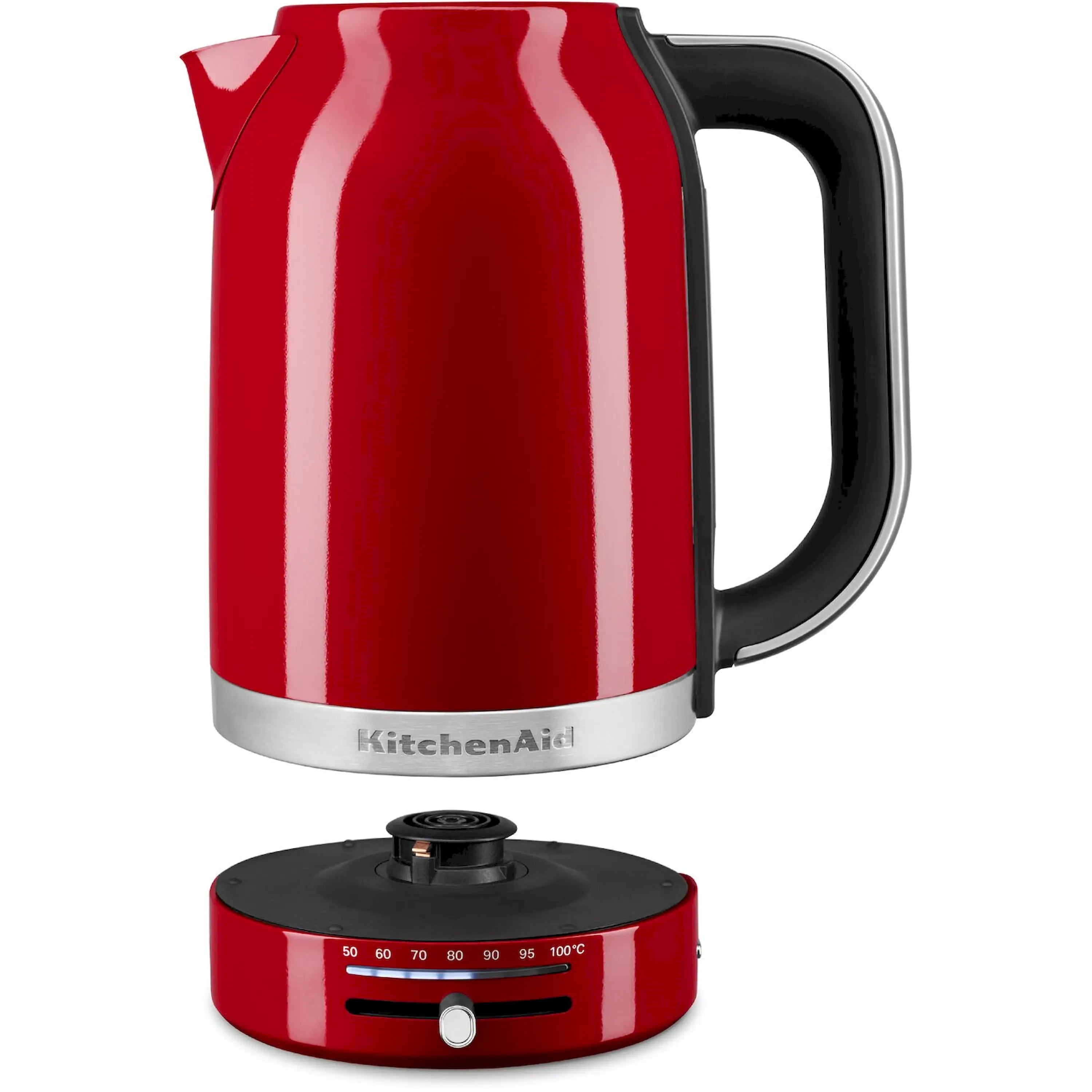 Empire red electric water kettle with black handle and stainless base control knob