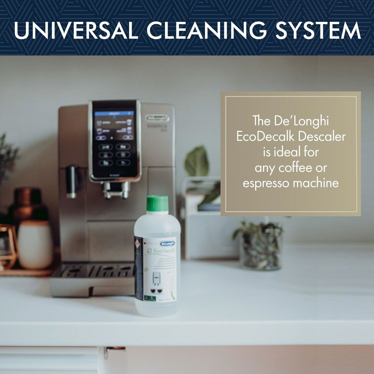 De'Longhi EcoDecalk descaler bottle, small 500 ml bottle with green screw cap.