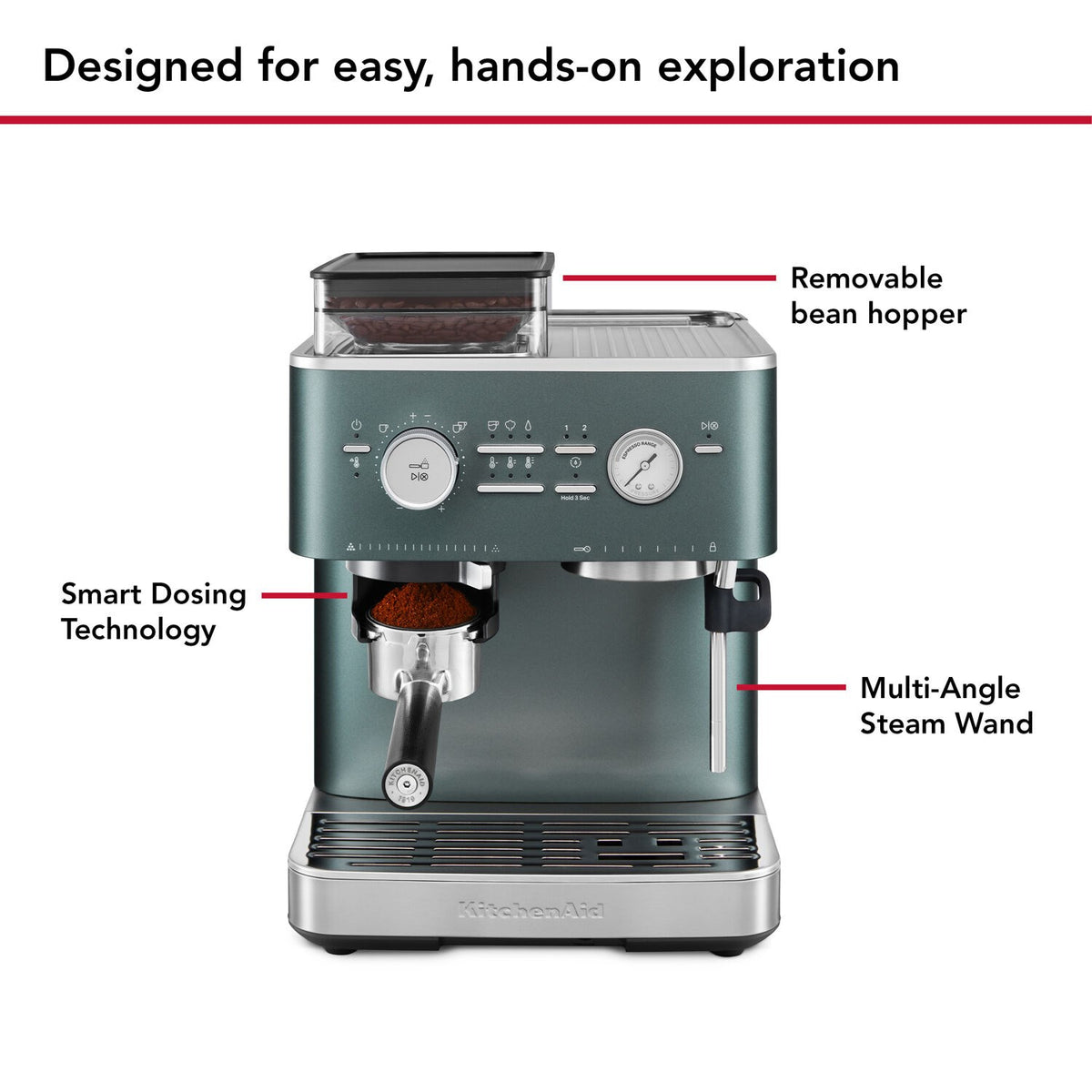 Juniper green espresso machine with removable bean hopper and control panel