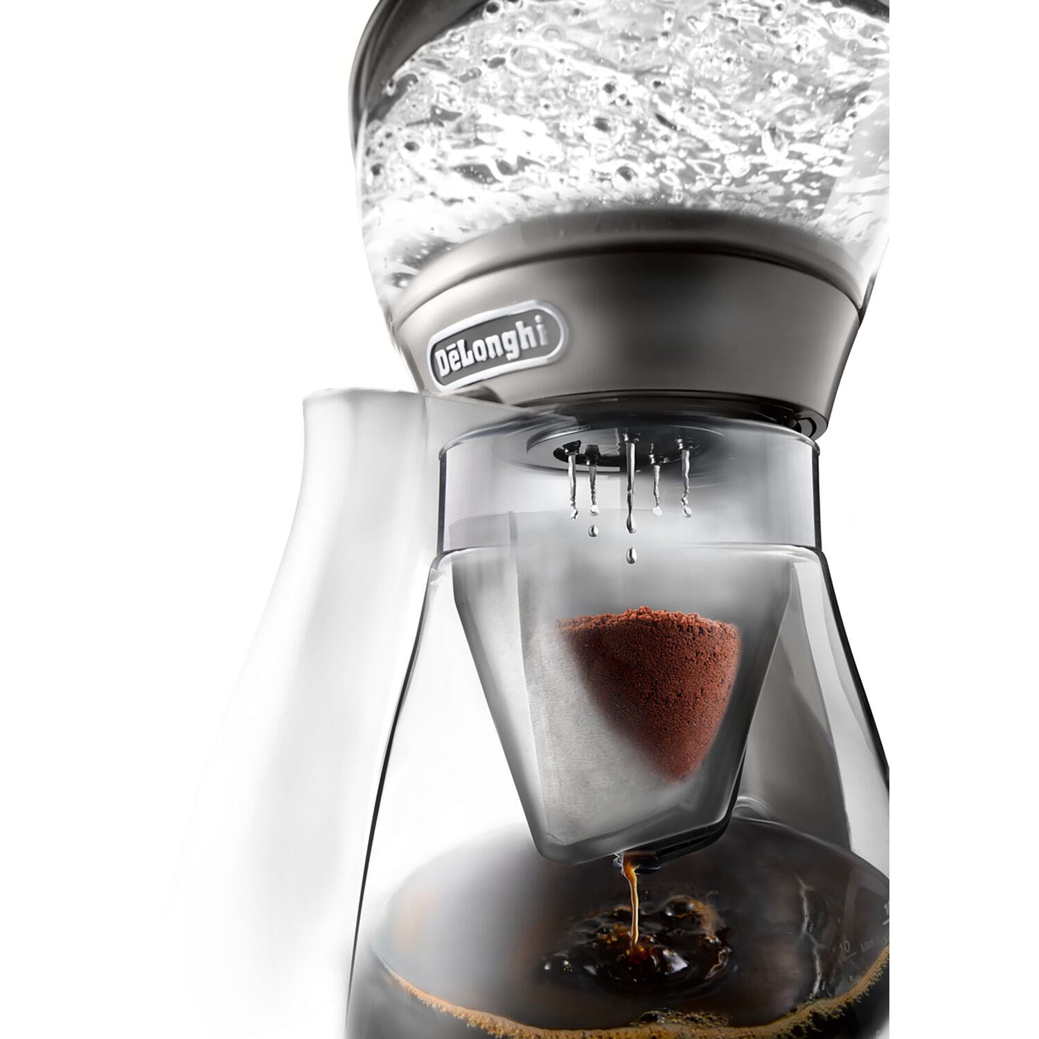 Water pouring into coffee filter basket of stainless 3-in-1 brewer