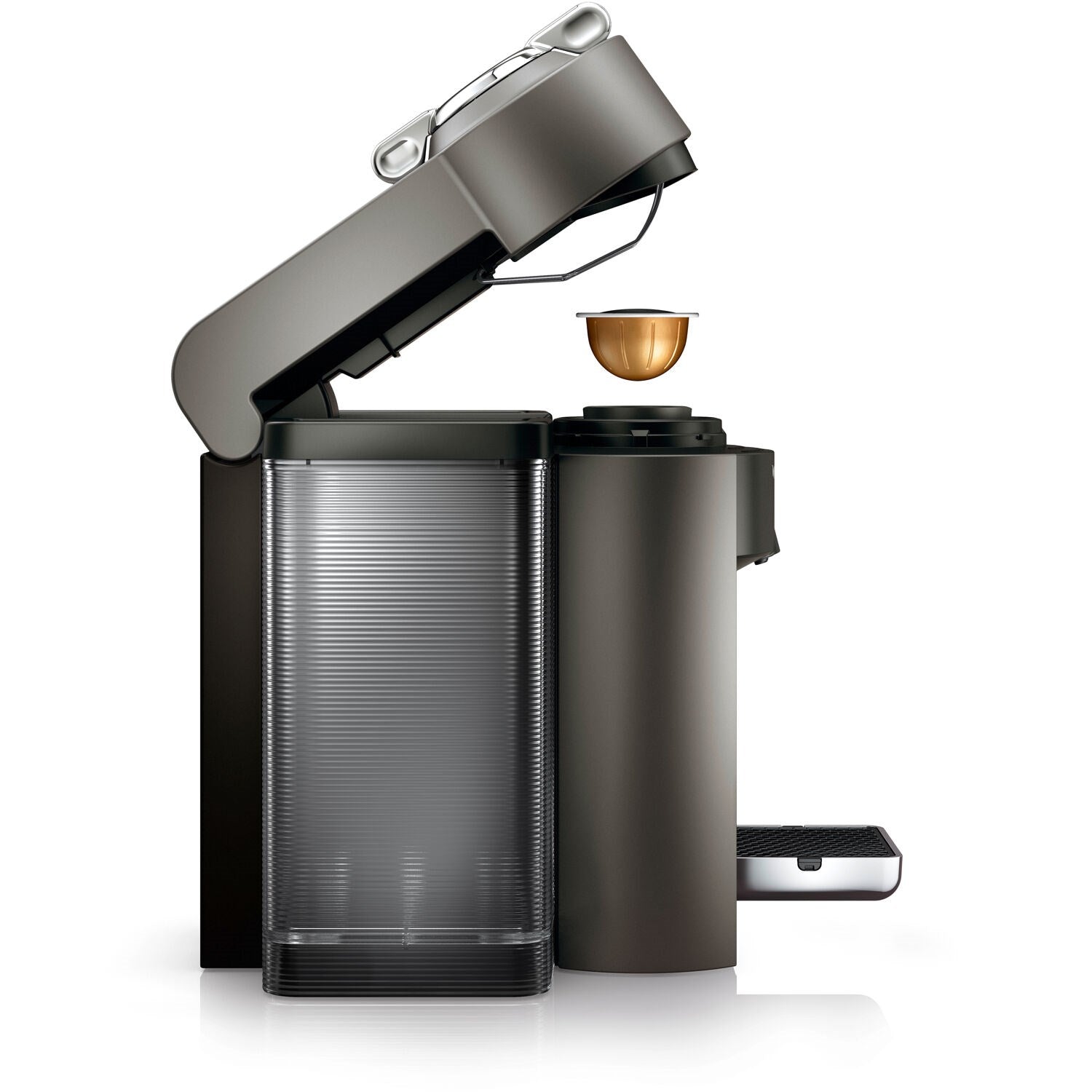 Coffee machine with open top showing water tank, capsule area, and a small cup