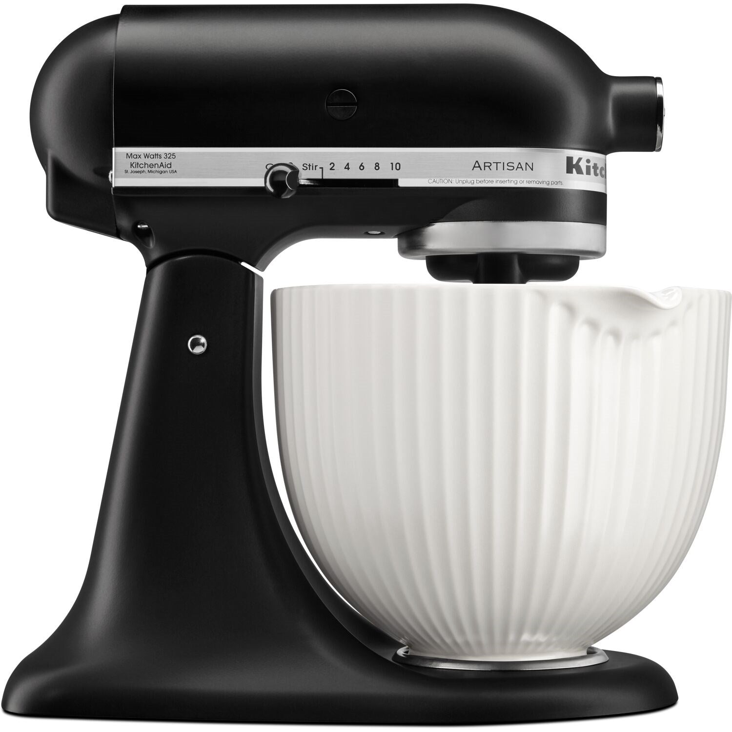 White ceramic mixing bowl with vertical ribs, shown attached to stand mixer