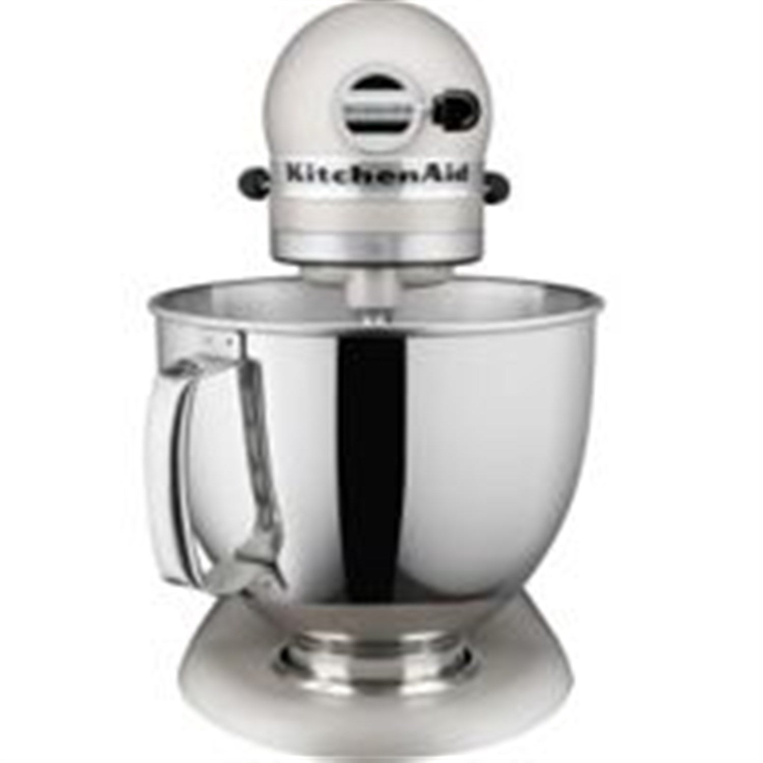 KitchenAid tilt-head stand mixer with stainless steel bowl and pouring shield