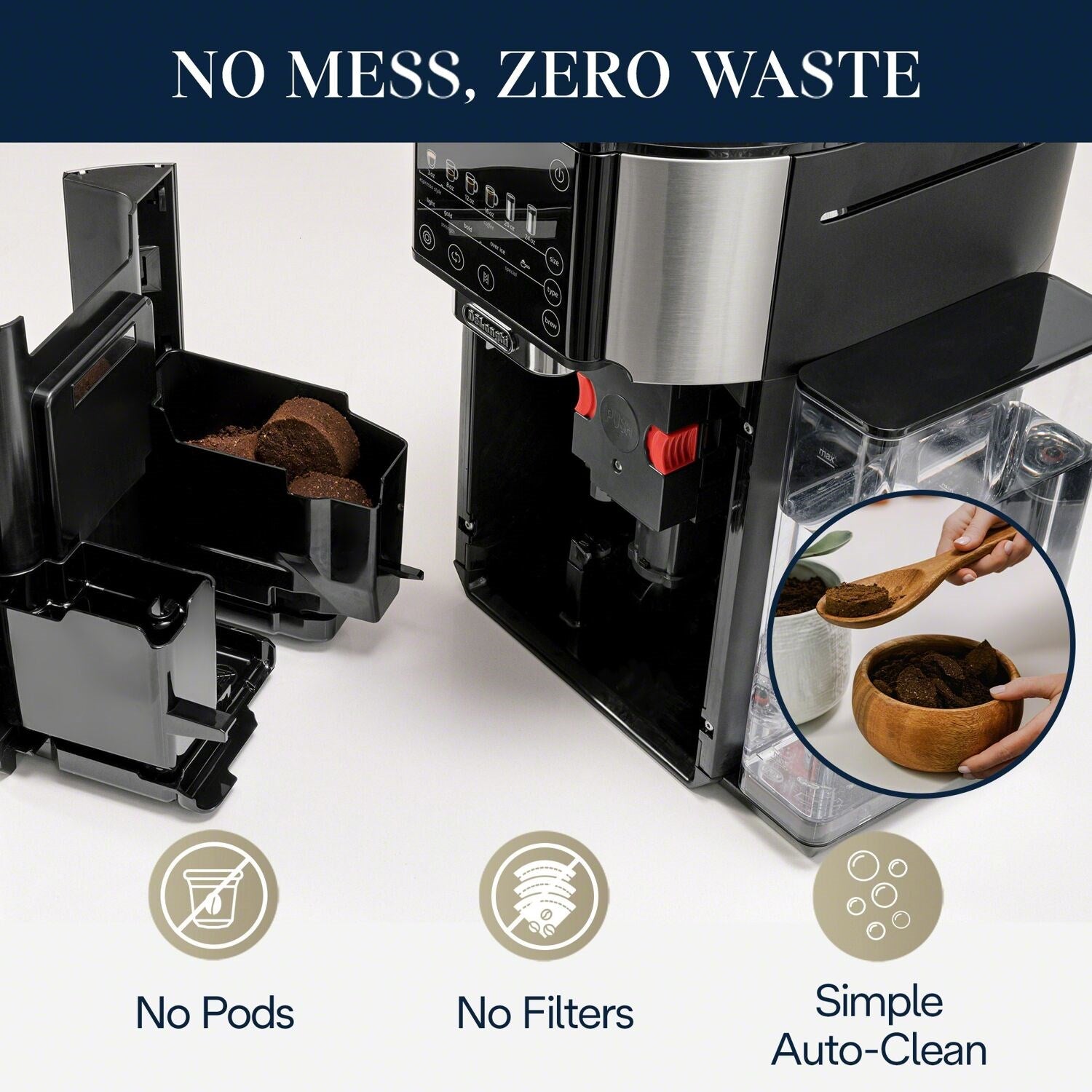 Black automatic coffee maker showing bean grinder chute and open brew area