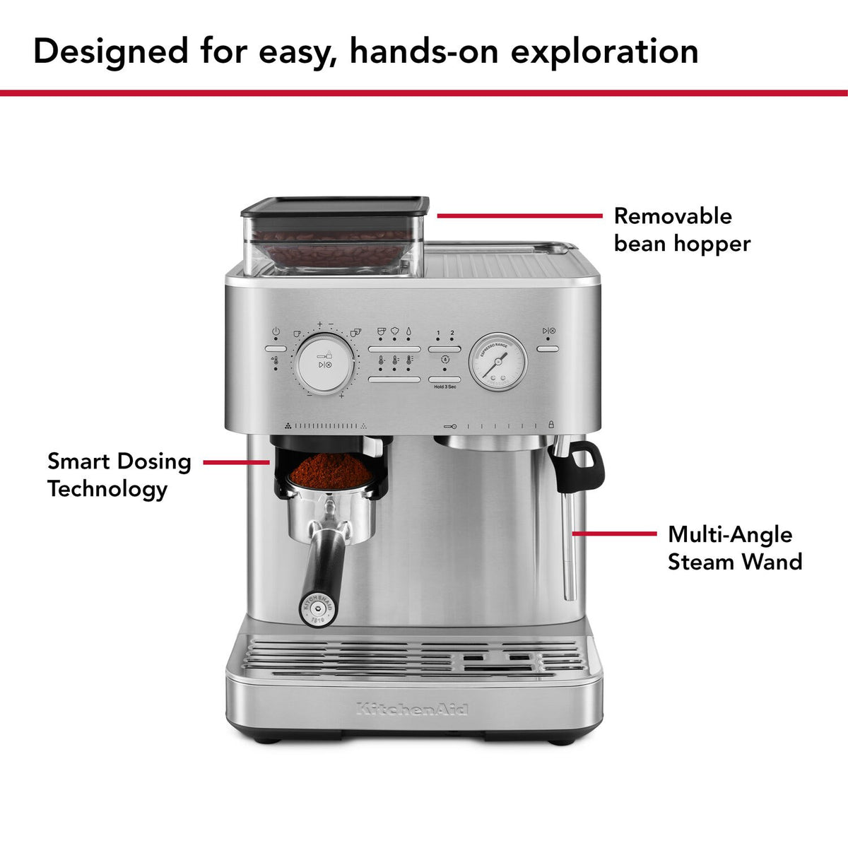 Stainless steel espresso machine with open hopper and steam wand