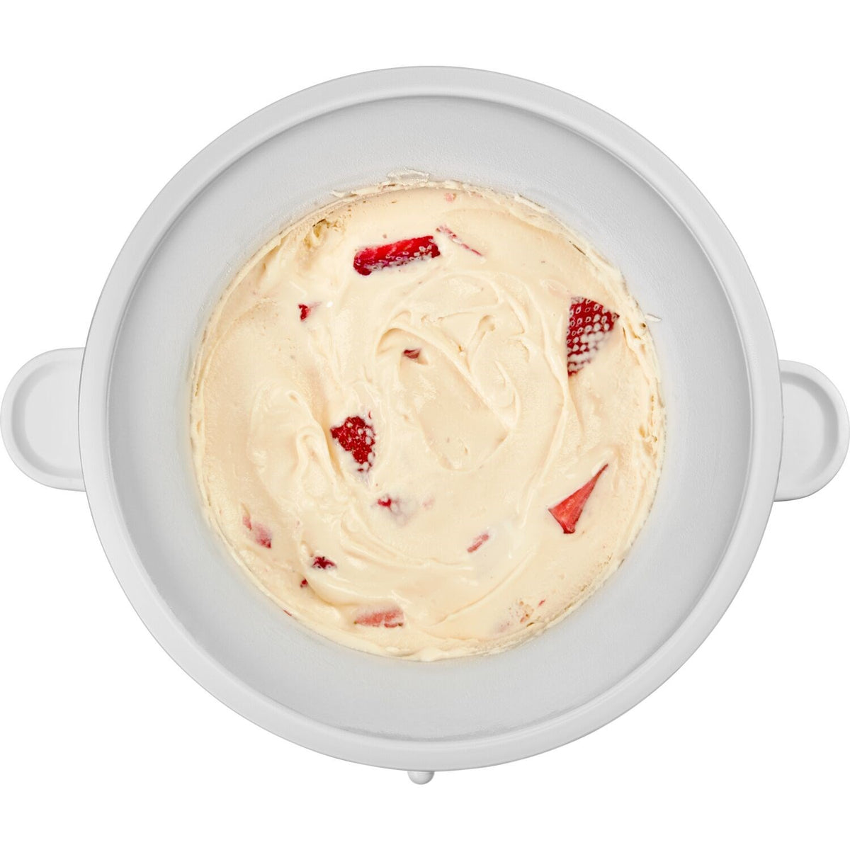 White ice cream maker bowl filled with creamy ice cream and strawberry pieces