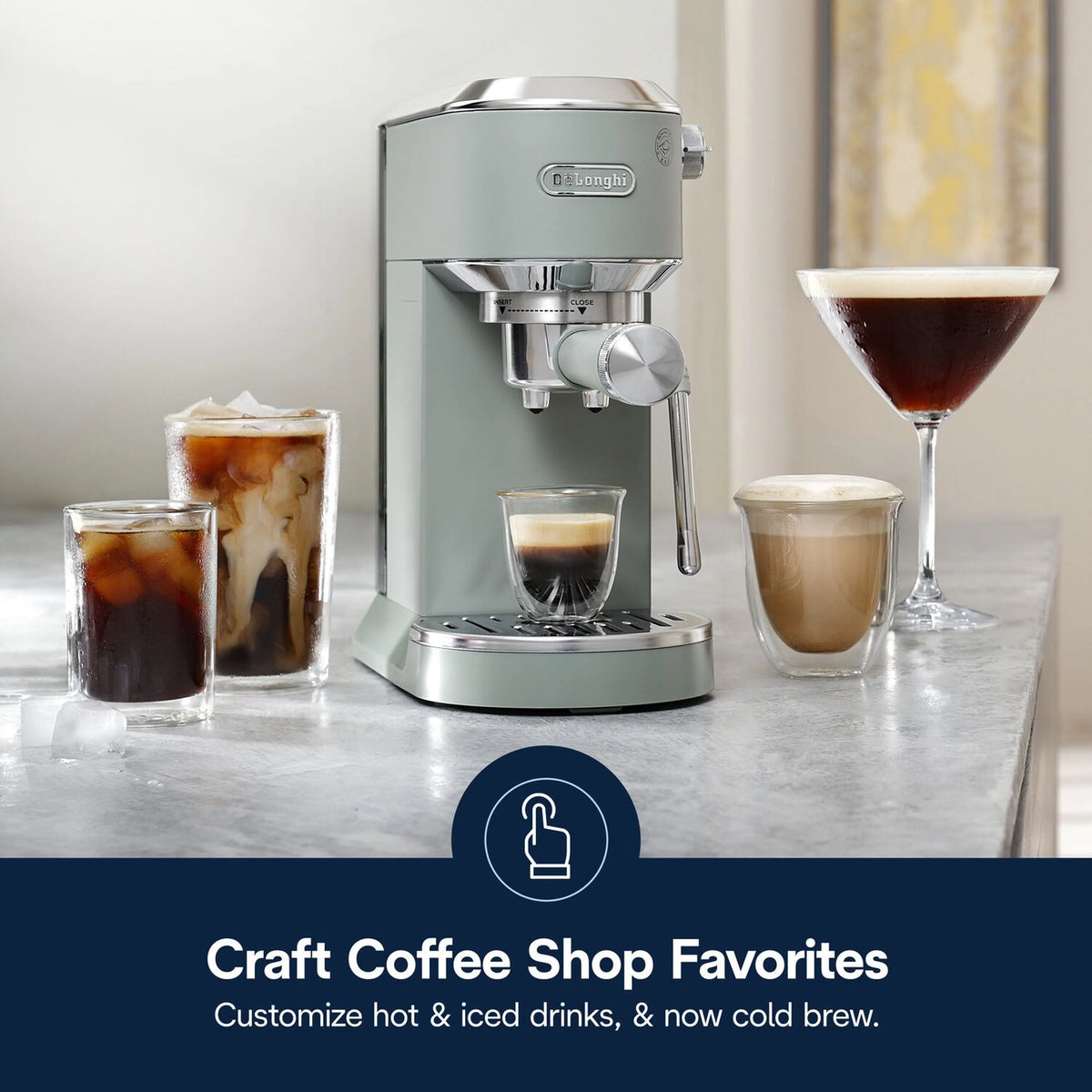 De'Longhi Dedica Duo espresso machine, mint green, with multiple cups and frothing wand