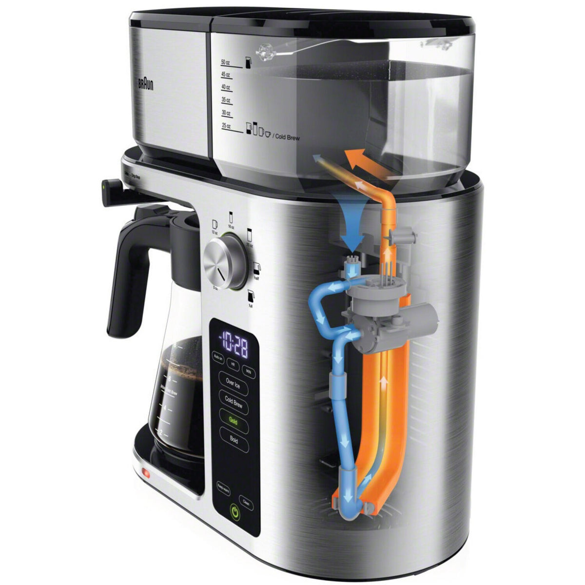 Stainless coffee maker with open carafe and visible internal pump and tubing