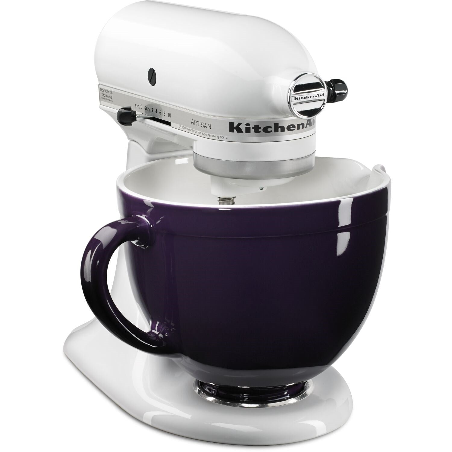 White tilt-head stand mixer with glossy purple mixing bowl and wire whisk attachment.