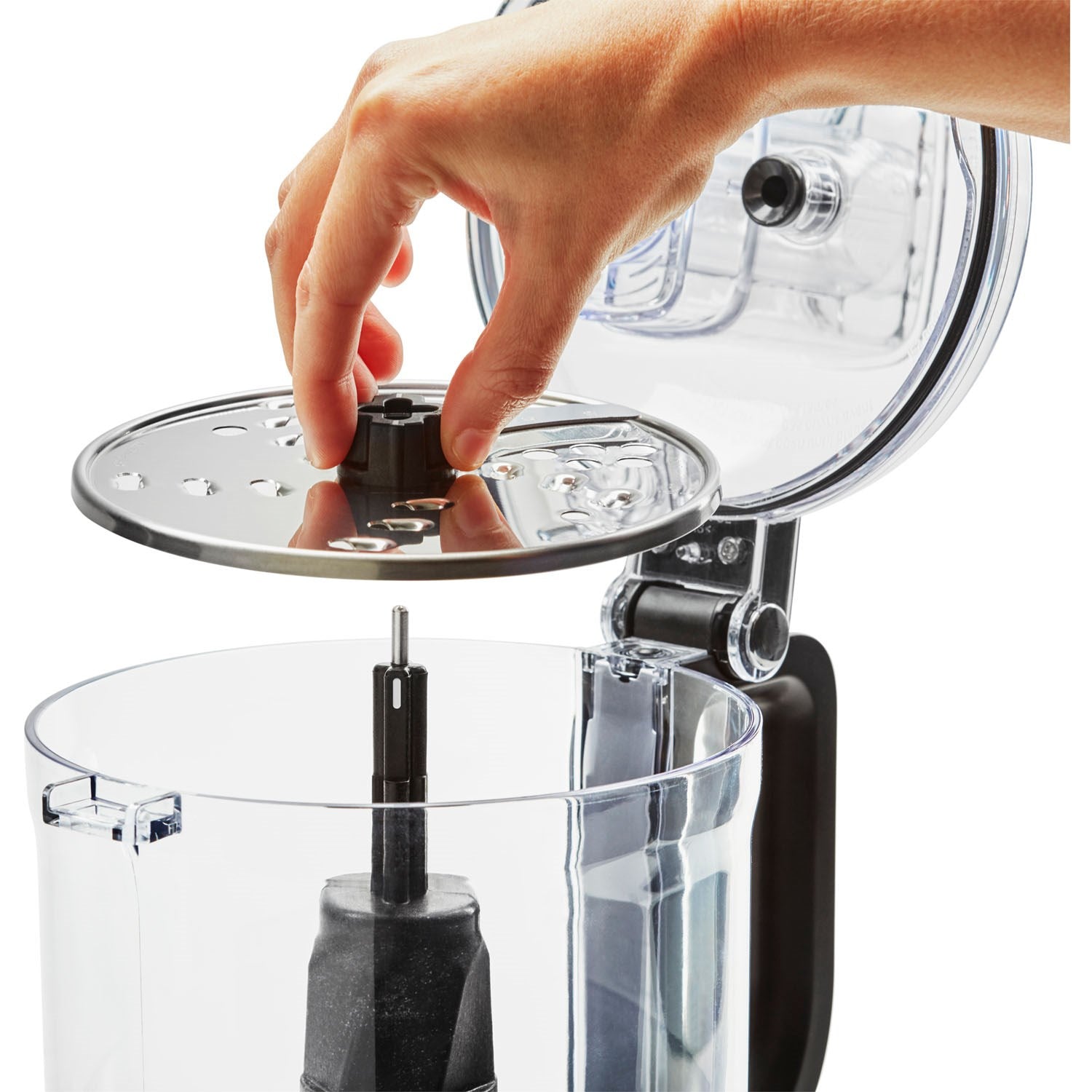 Food processor bowl with blade attachment and lid, silver and black