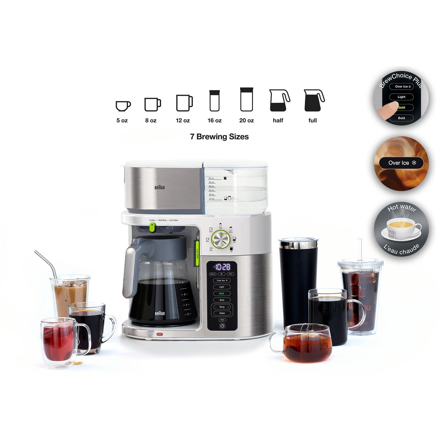 Multi-serve coffee maker in stainless steel and white with glass carafe and cups