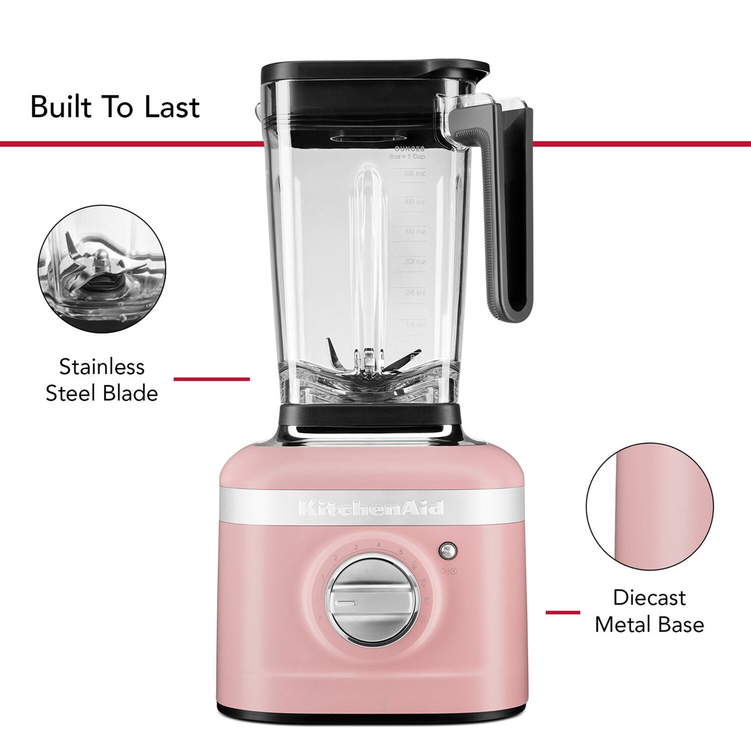 Dried Rose blender with clear jar, stainless blade, and black handle base