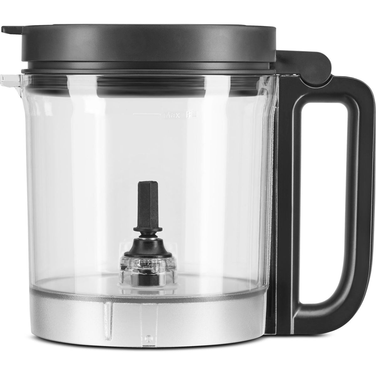 Clear food processor bowl with central blade shaft and black handle