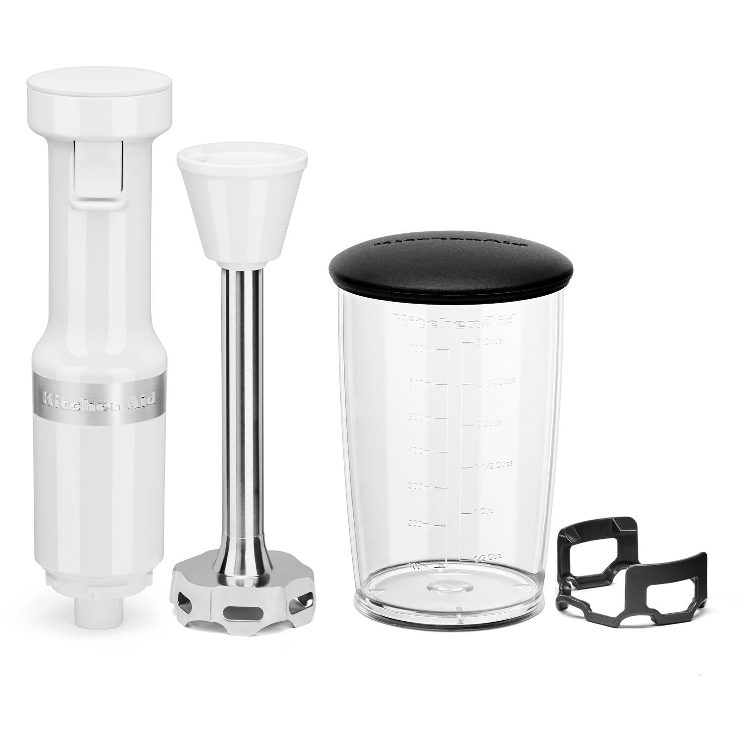 White immersion blender kit with blending jar, lid, and stainless base