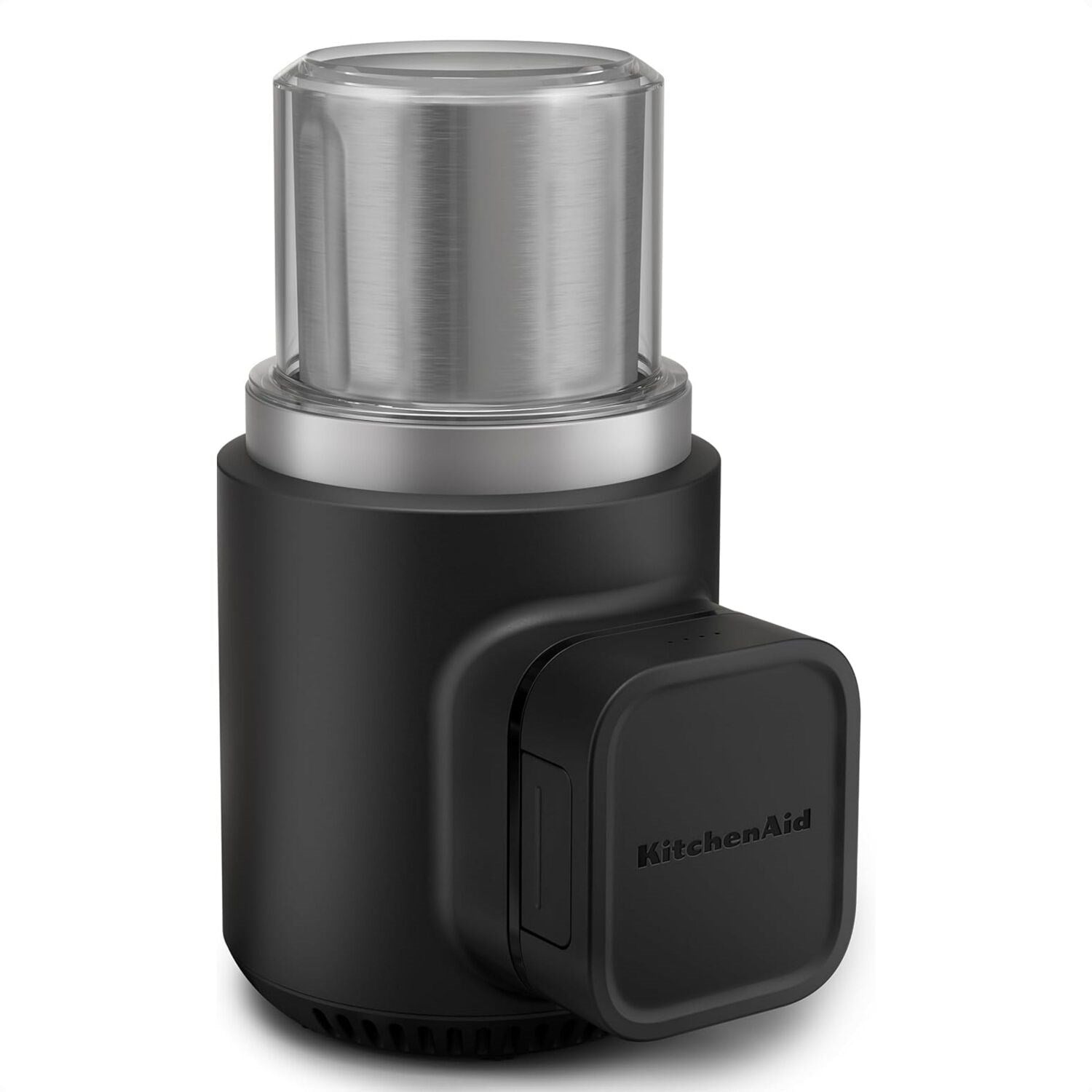 Black matte cordless coffee grinder with stainless grinding chamber and side power switch
