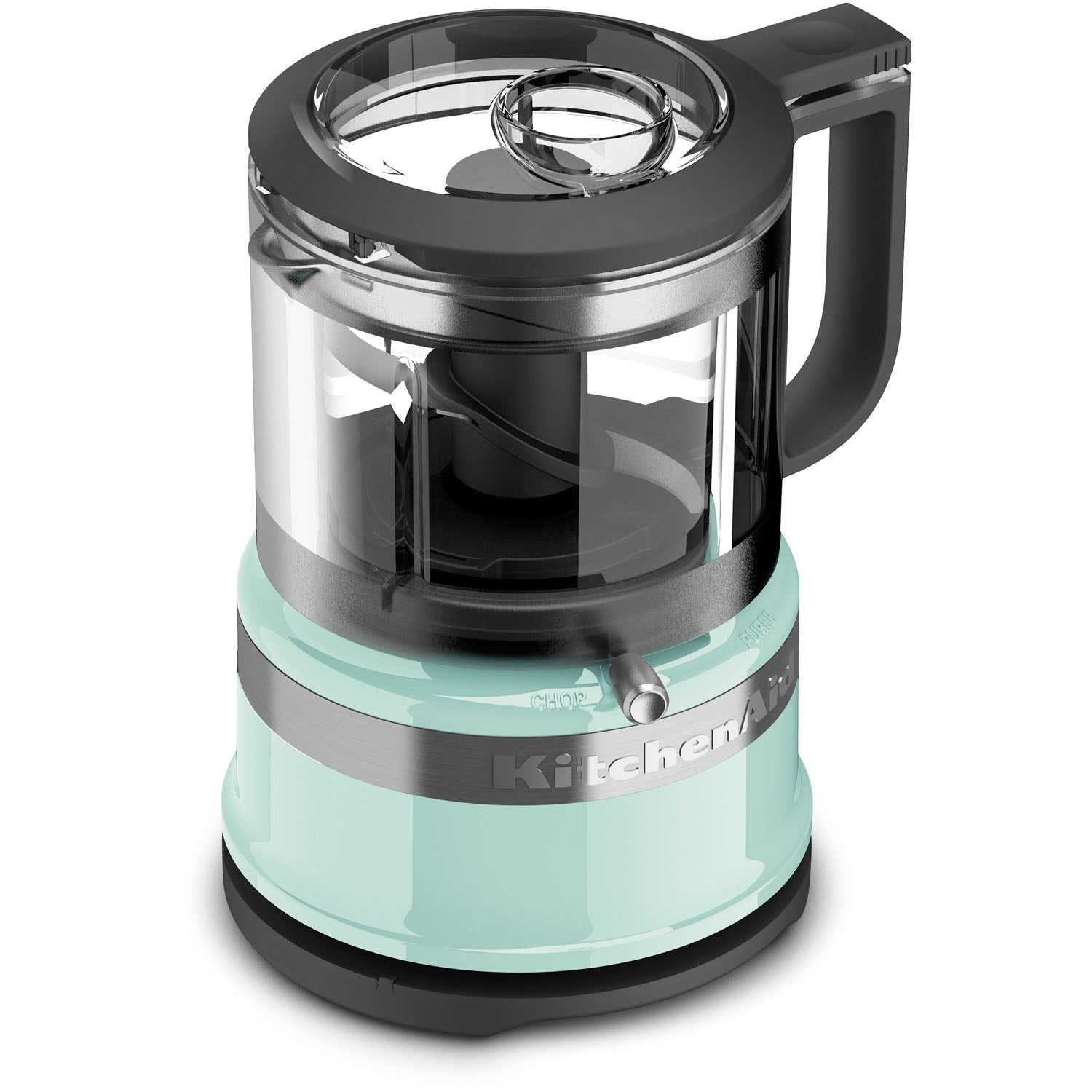 KitchenAid 3.5-cup food chopper with clear bowl, black lid, and ice-blue base