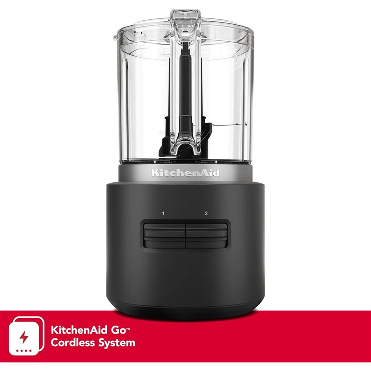 Black matte cordless chopper with clear jar, blade assembly, and front control sliders
