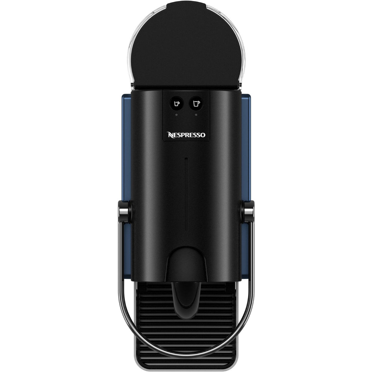 Front view of dark blue and black Nespresso Pixie espresso machine with drip tray