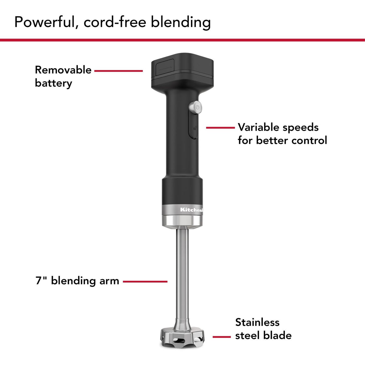 KitchenAid cordless hand blender with removable battery, stainless blade at base