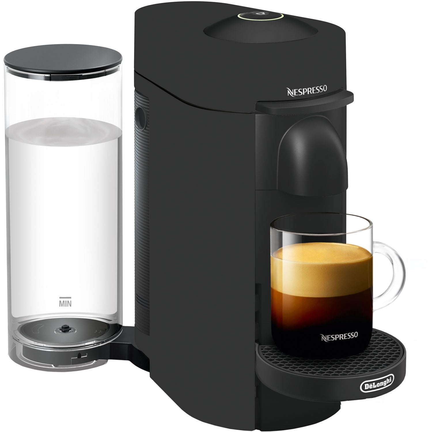 Nespresso Vertuo Plus single-serve coffee machine in black matte with mug and pod holder