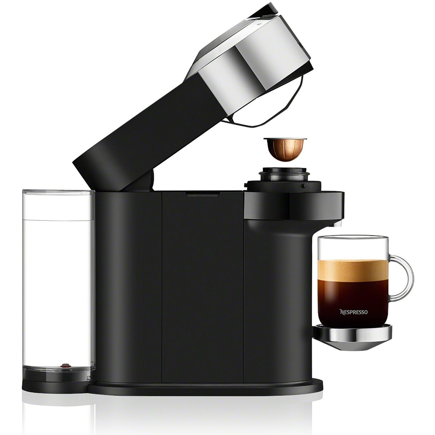 Black Nespresso coffee machine with chrome spout and cup, plus Aeroccino milk frother