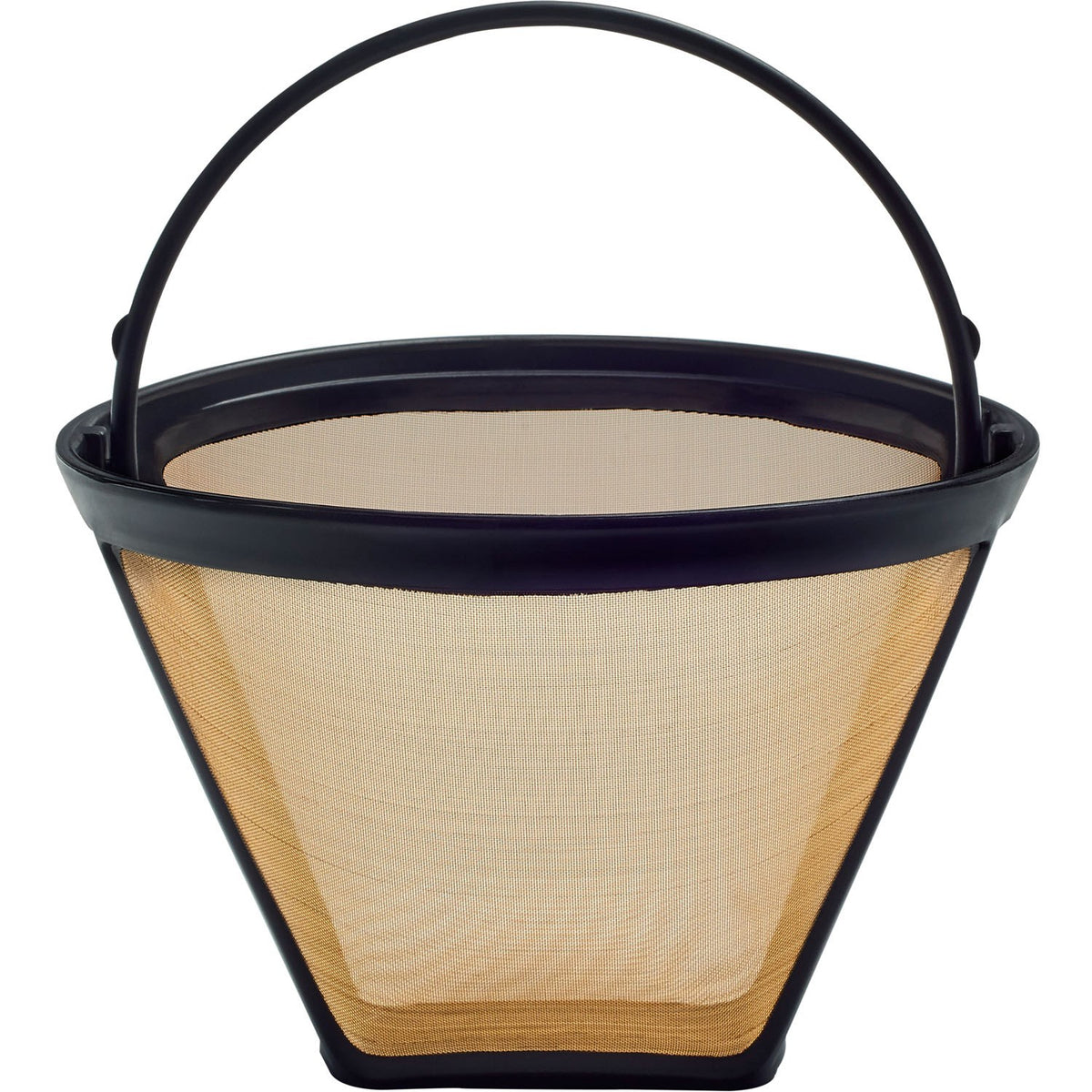 Reusable coffee filter basket with black handle and tan mesh