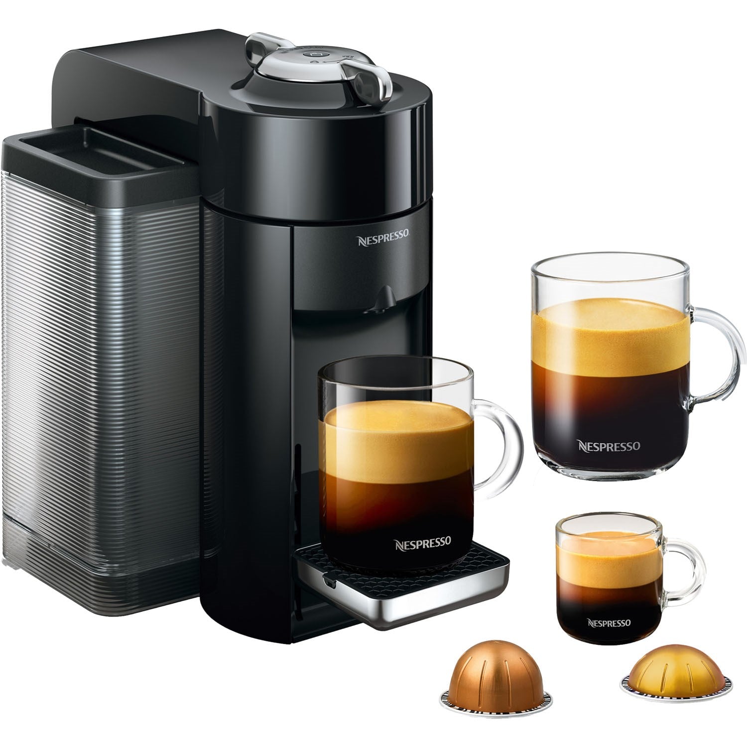 De'Longhi Nespresso Vertuo black coffee machine with three drink mugs and two capsule pods