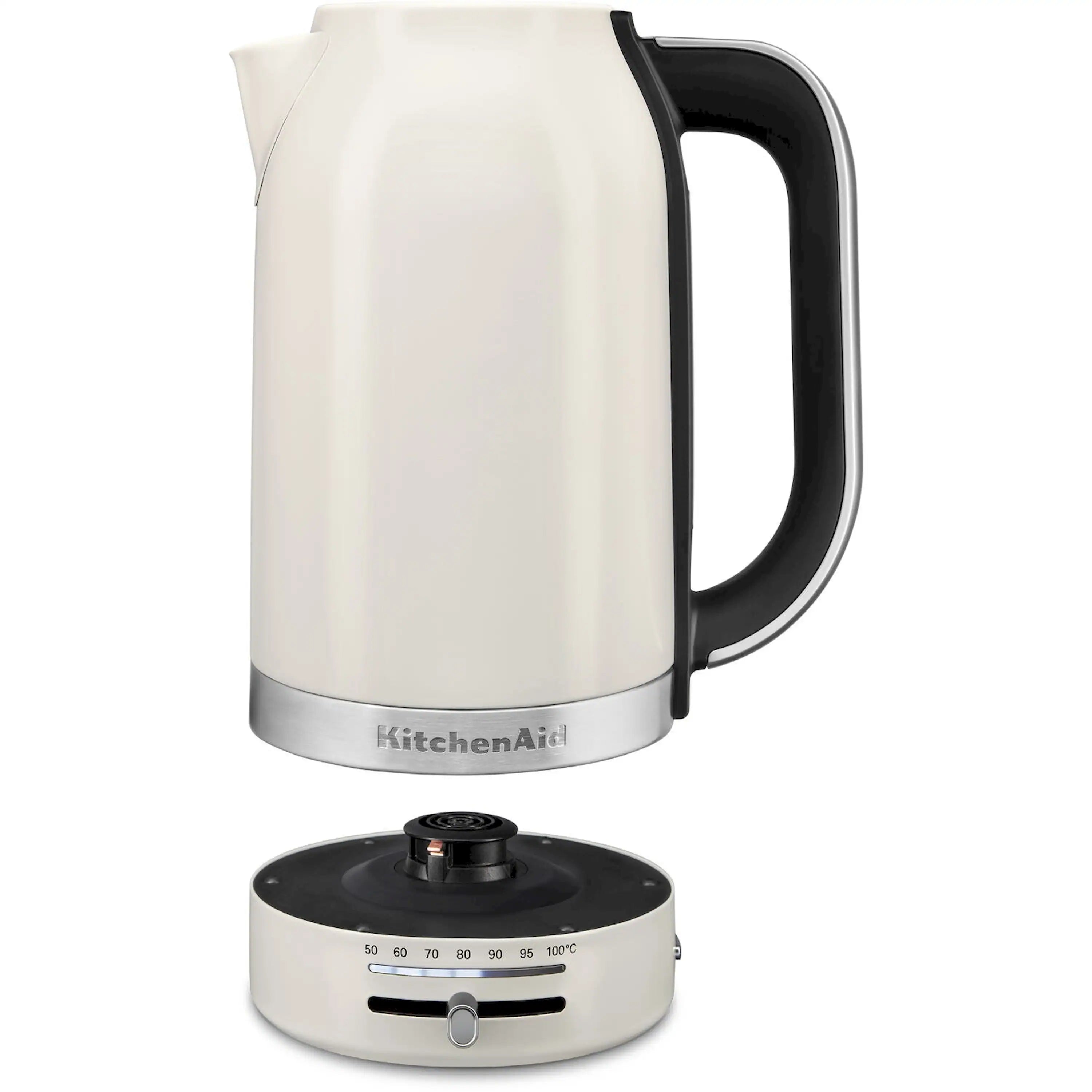 Porcelain electric water kettle with black handle and lid, stainless base control dial