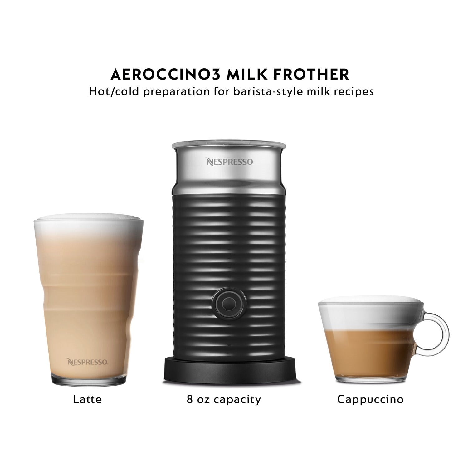 Aeroccino3 milk frother in black with Latte and Cappuccino cups