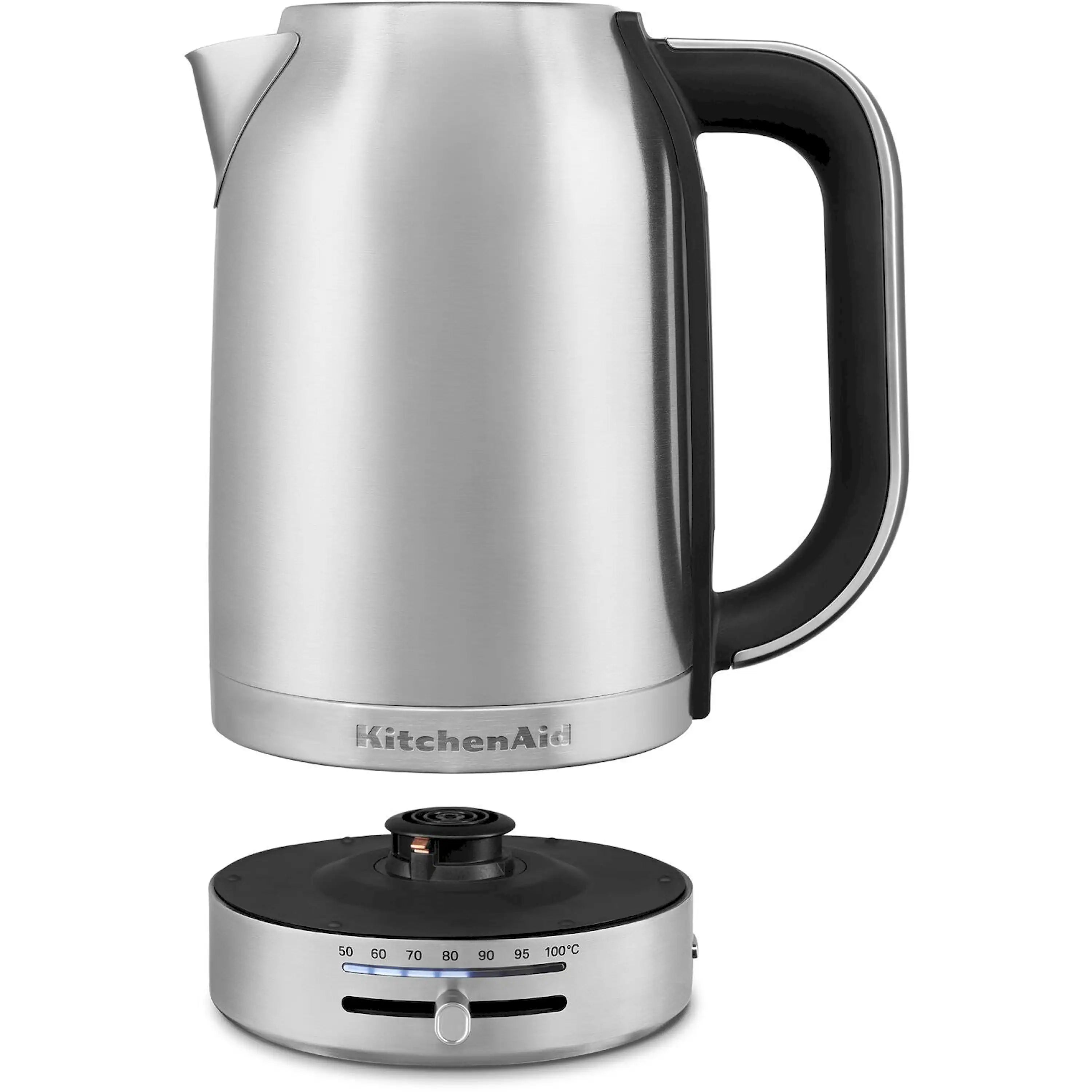 Brushed stainless steel electric kettle with black handle and spout, 1.7 L capacity