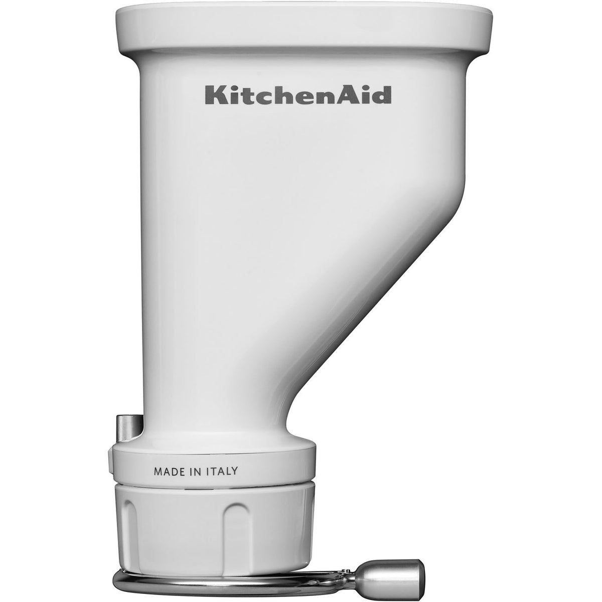 White KitchenAid pasta press hopper with side handle and base die opening, close-up.