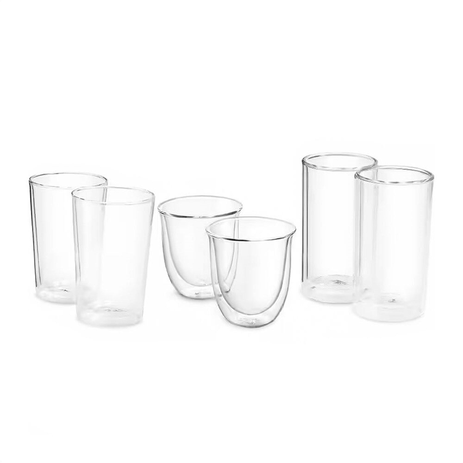 Clear double-wall coffee glasses, multiple empty cups arranged on a clean background