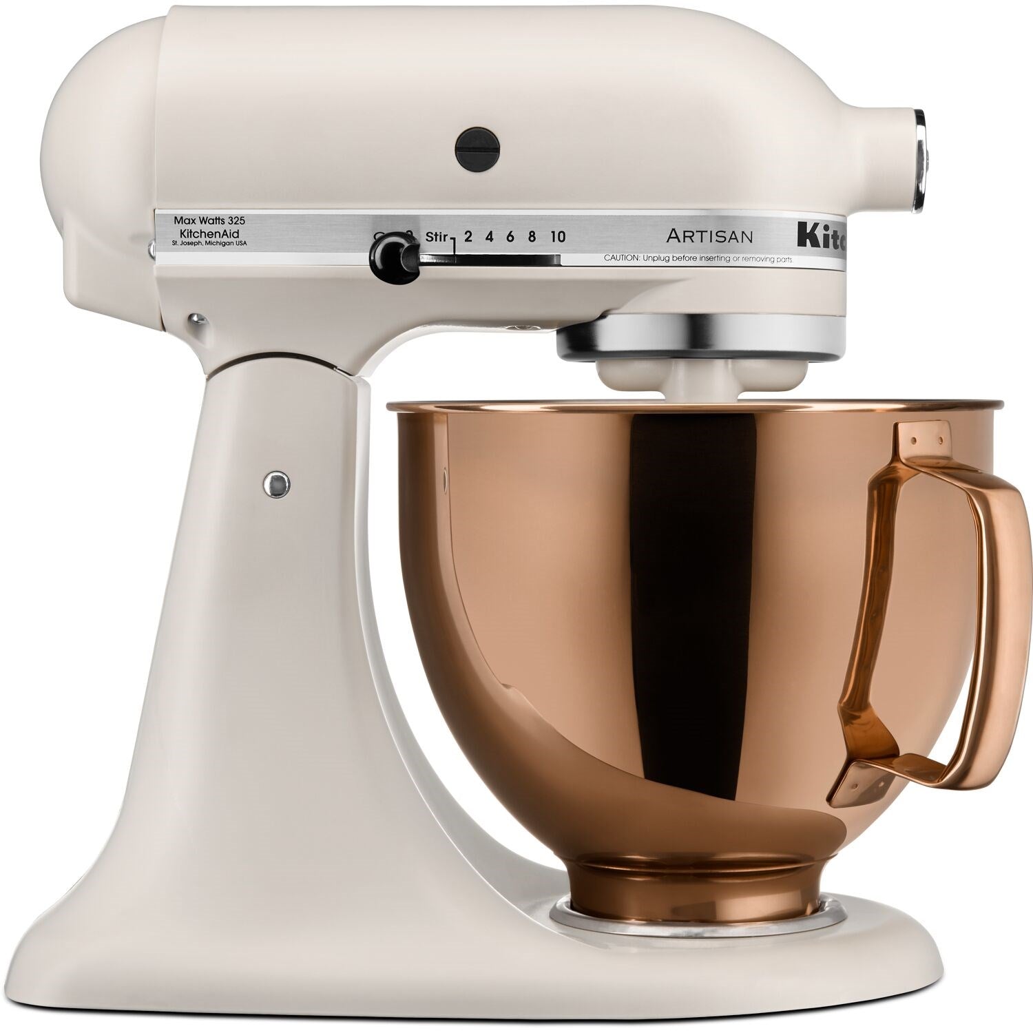 5-quart stainless steel mixing bowl in Radiant Copper, shown with handle