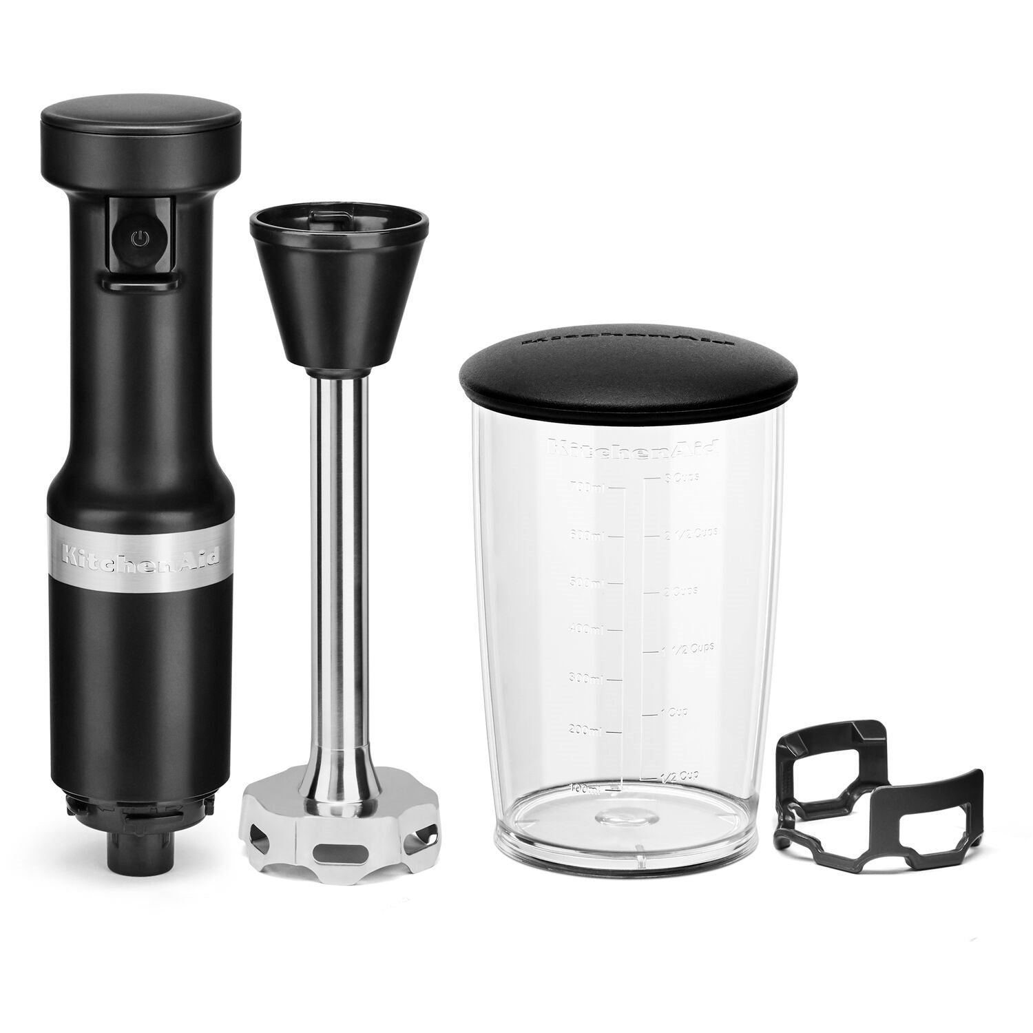 KitchenAid corded immersion blender kit with blending jar, lid, and metal base