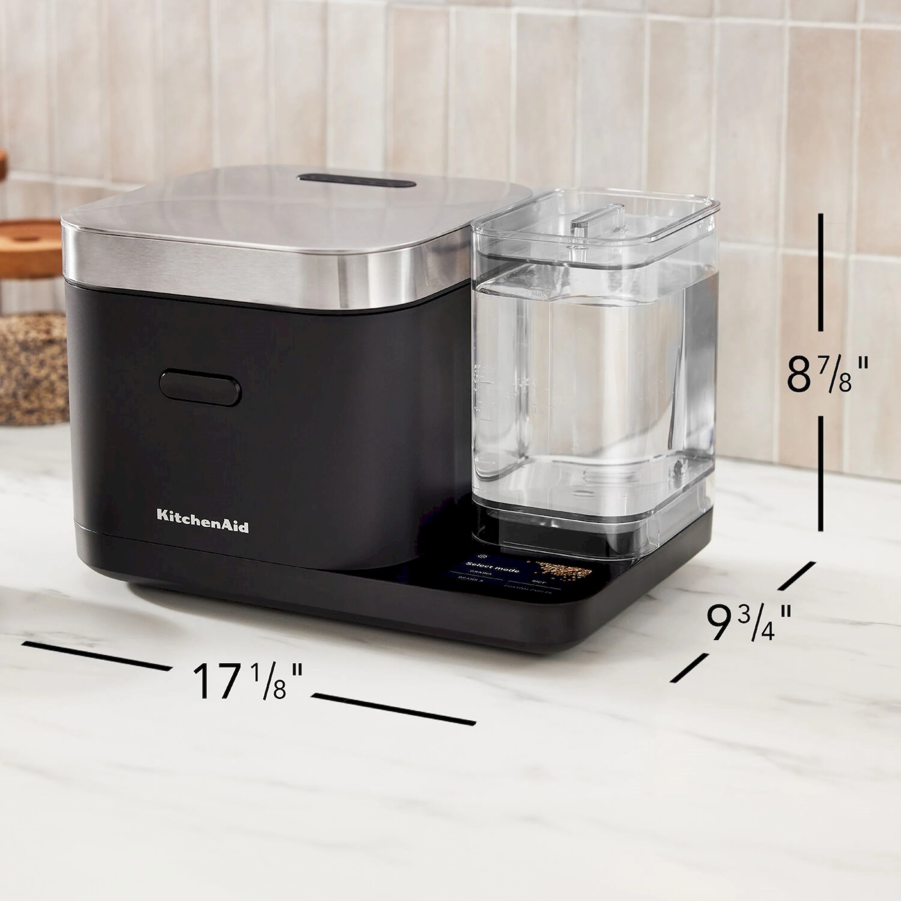 KitchenAid electric rice cooker with clear water tank and stainless steel lid
