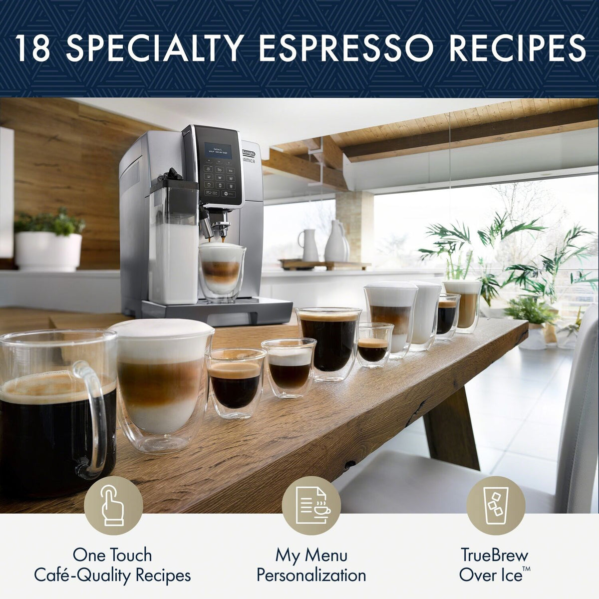 Silver espresso machine dispensing multiple drinks in cups on counter