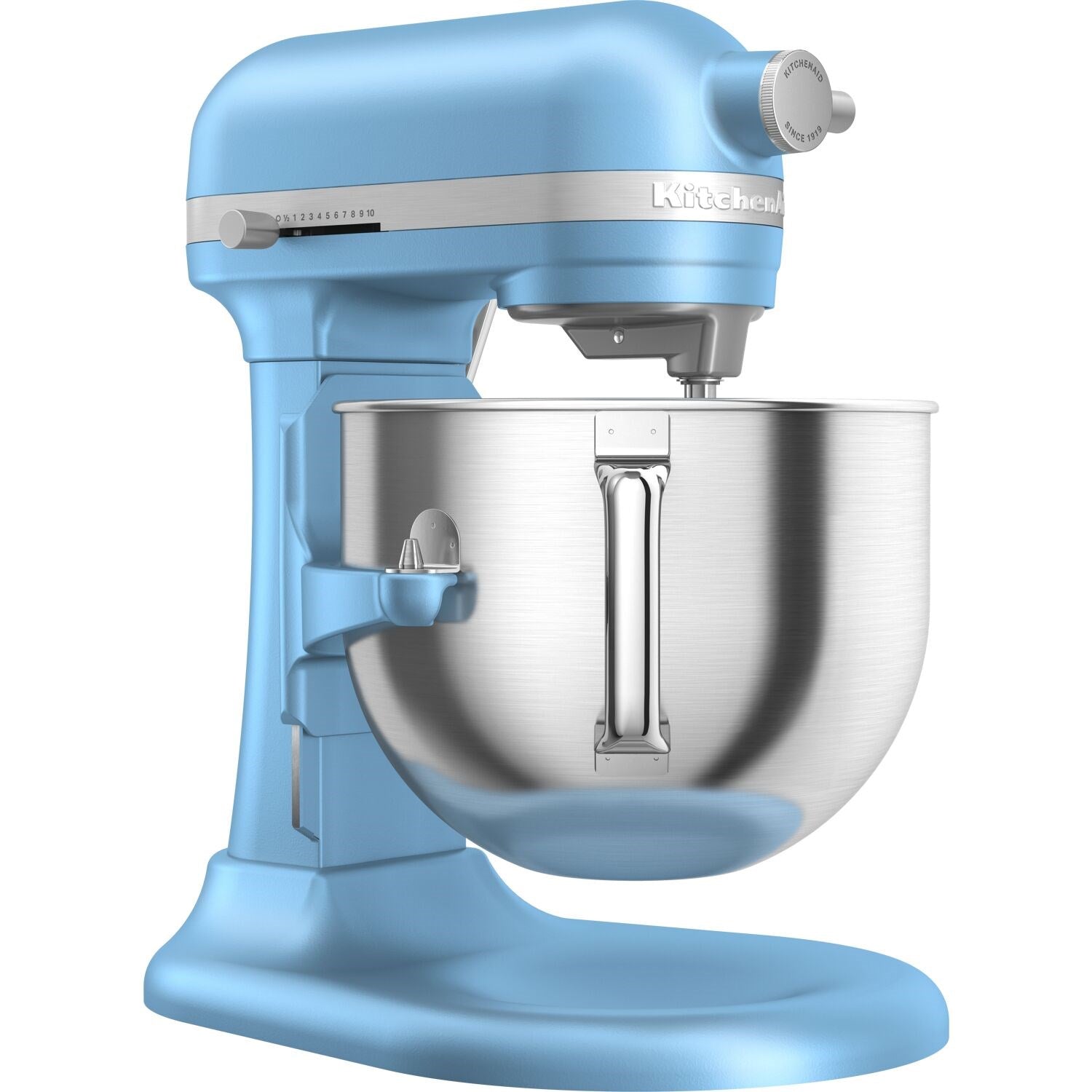 KitchenAid stand mixer in velvet blue with stainless bowl and beater attachment
