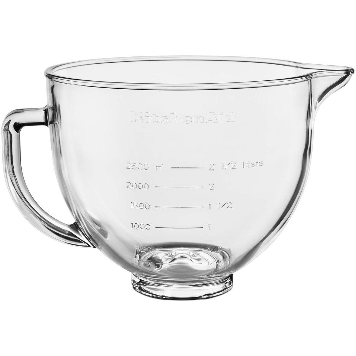 Clear glass mixing bowl with handle and ml/oz measurement scale