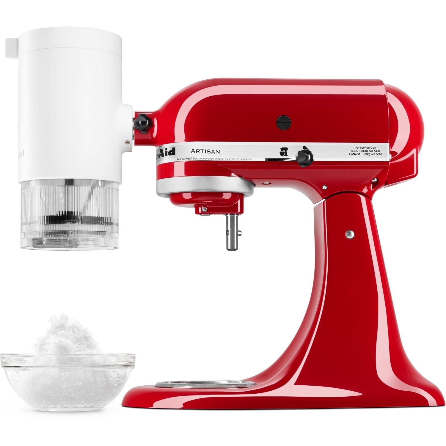 Red stand mixer with white shave ice attachment cylinder and clear catch bowl