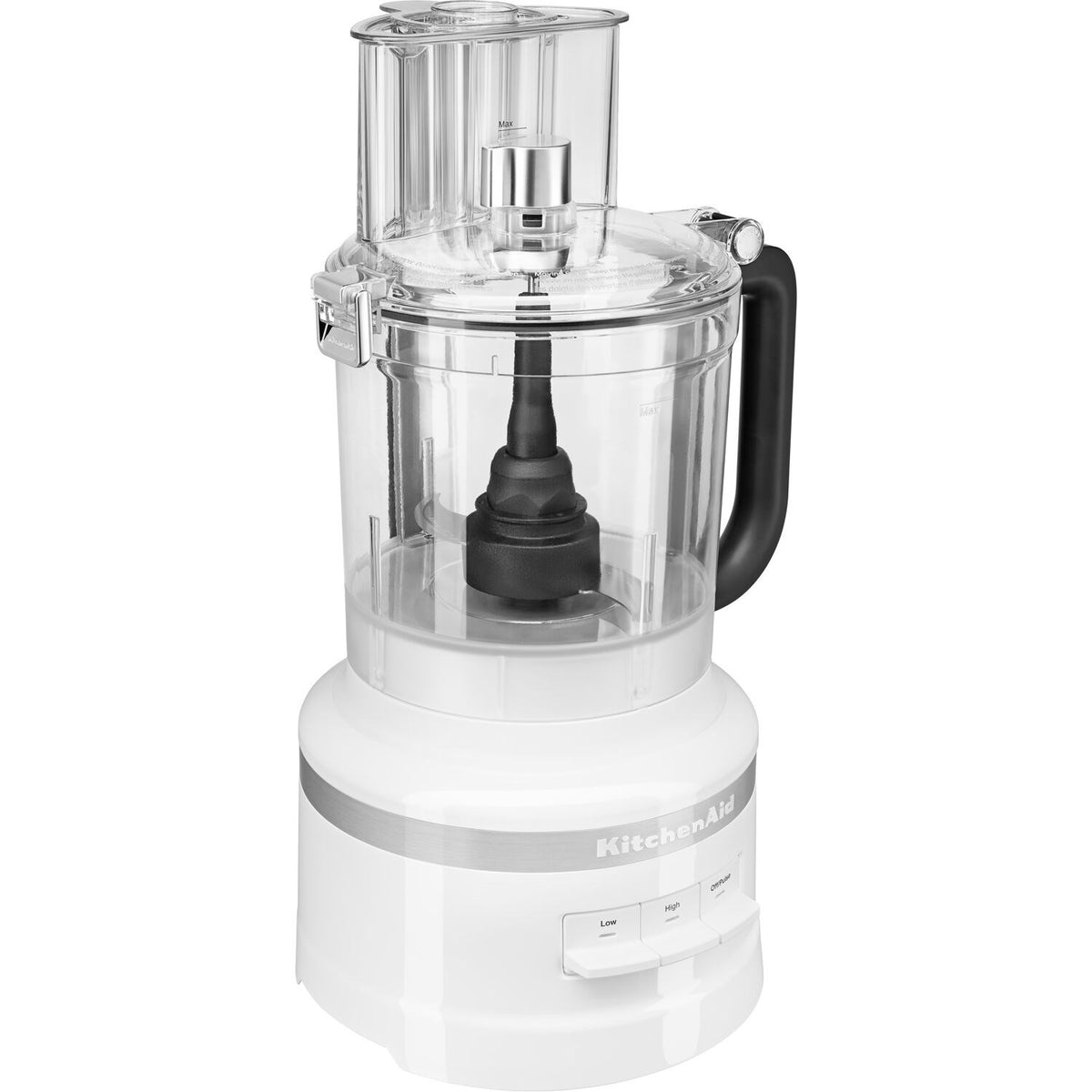 KitchenAid food processor with transparent work bowl, black spindle, and white base
