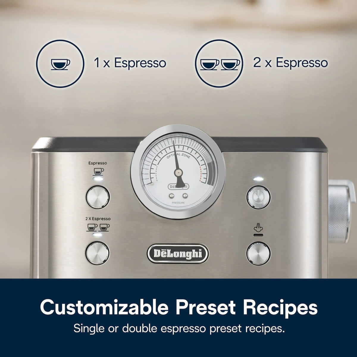 Stainless steel De'Longhi espresso machine front panel with large pressure gauge and control knobs