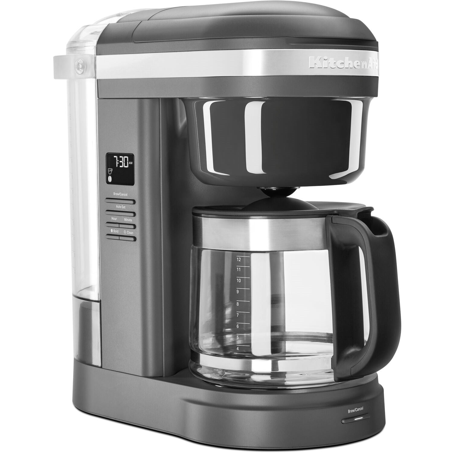 Charcoal grey KitchenAid drip coffee brewer with glass carafe and display