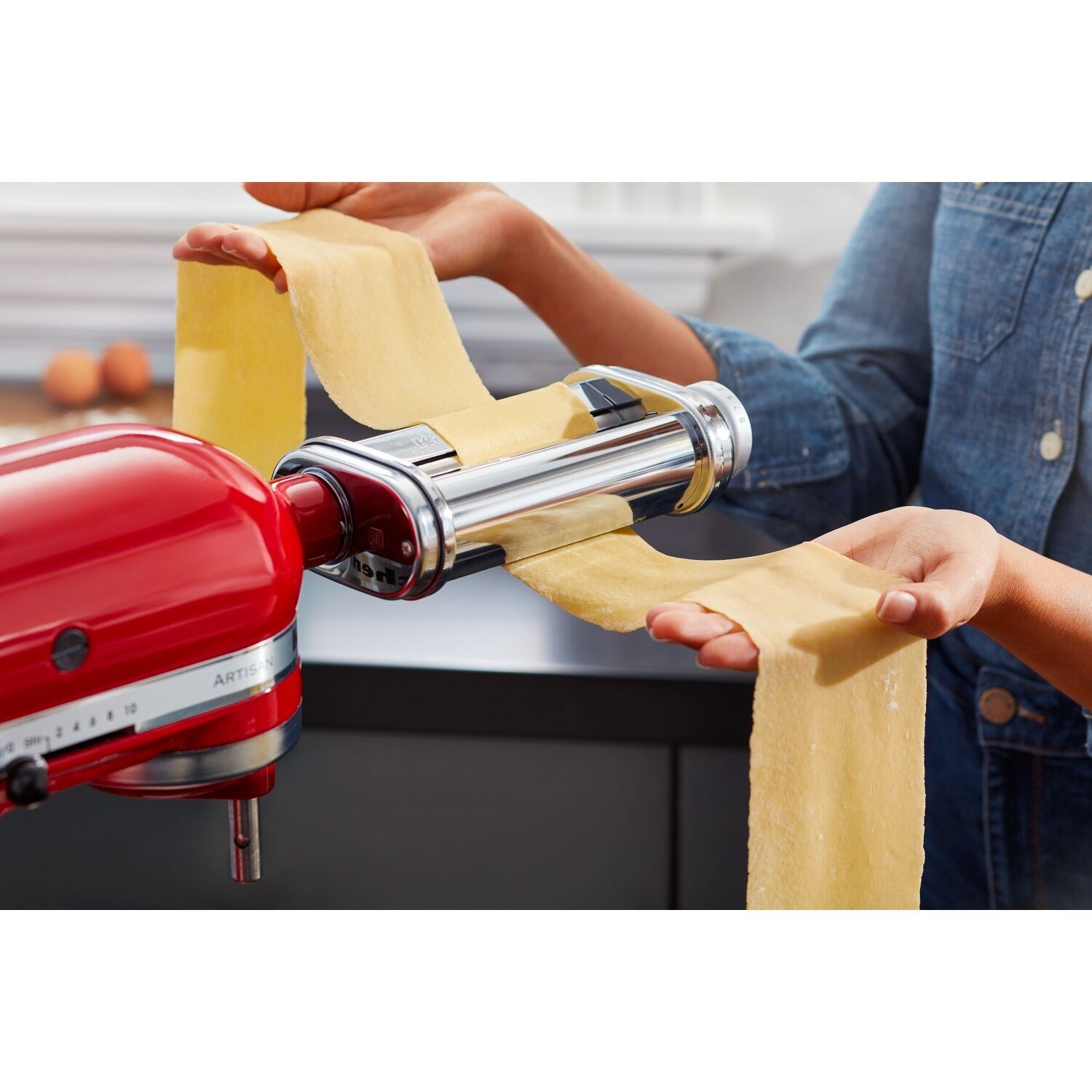 KitchenAid Artisan tilt-head stand mixer, red, with pasta roller and dough sheets