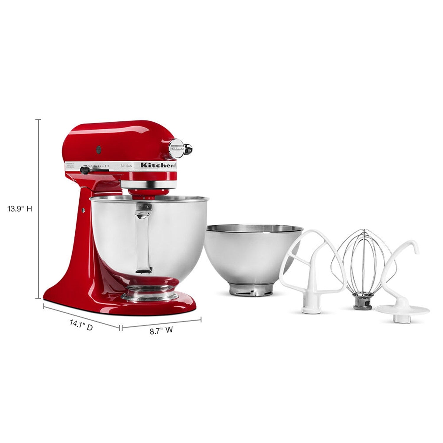KitchenAid tilt-head stand mixer in Empire red with stainless bowl and accessory set