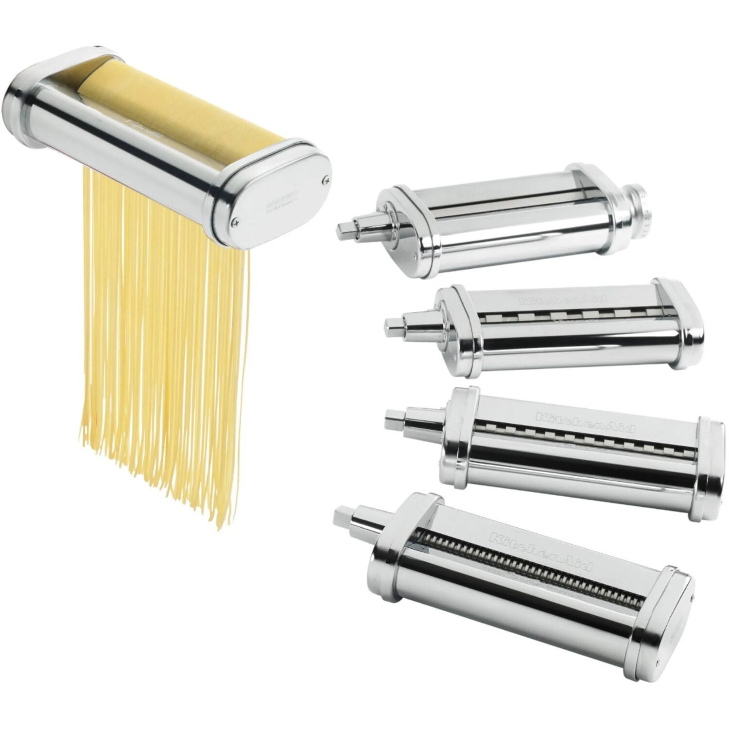 Stainless-steel pasta maker attachments with gold pasta sheets and rollers