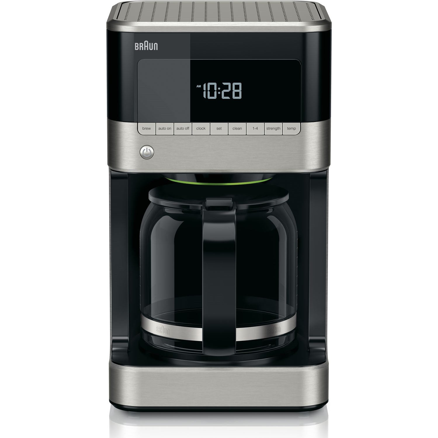 Black and stainless steel 12-cup drip coffee maker with digital clock and brew buttons