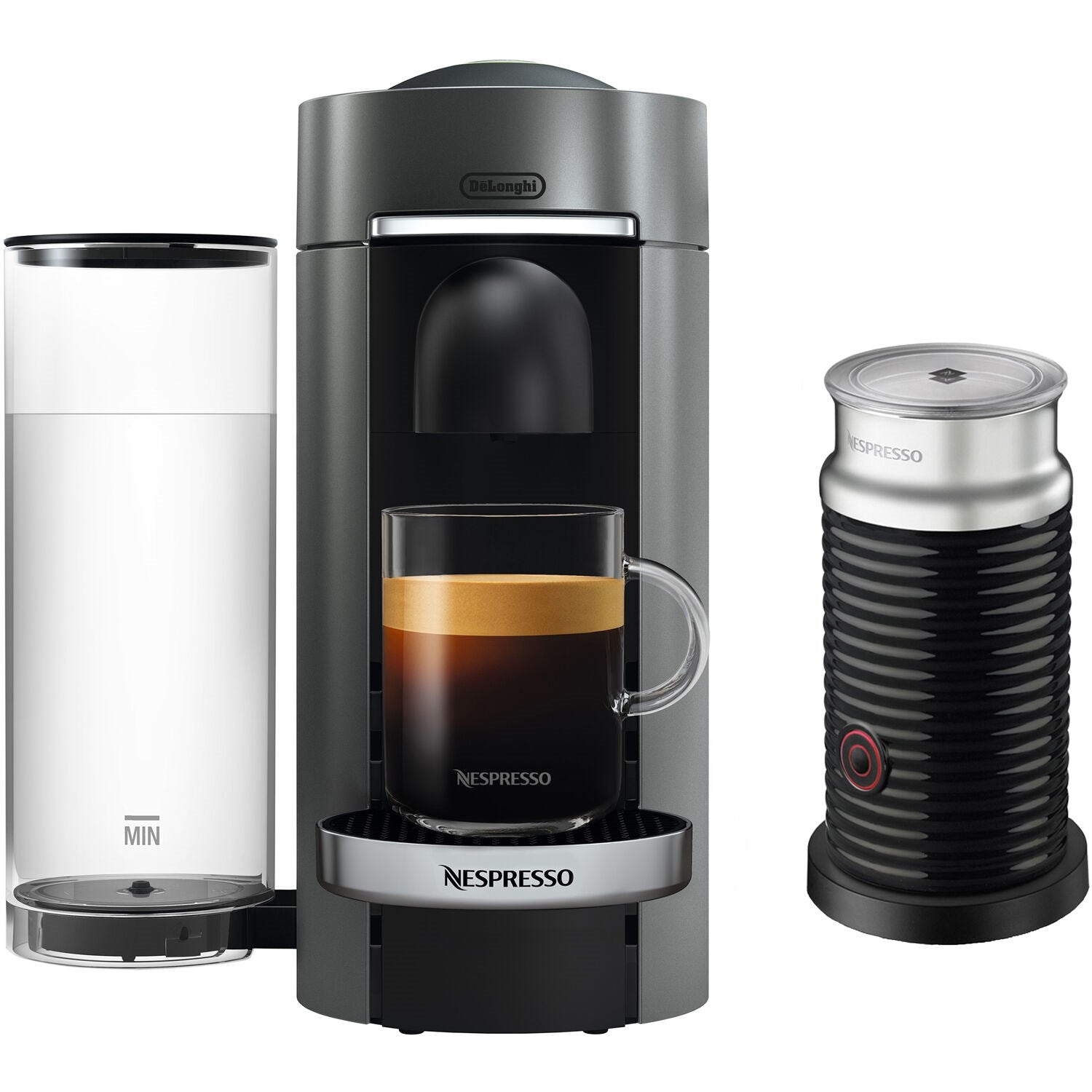 Vertuo Plus coffee machine with Aeroccino frother and capsule container, titanium and black