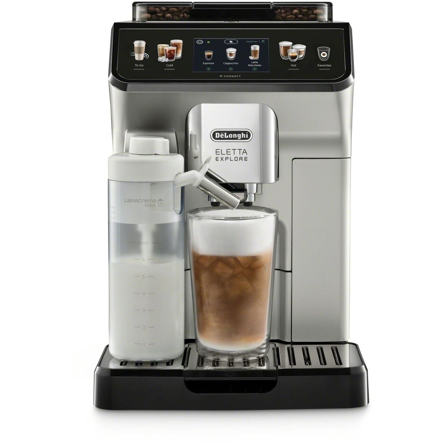 Fully automatic espresso machine with cold brew carafe and milk container, front view